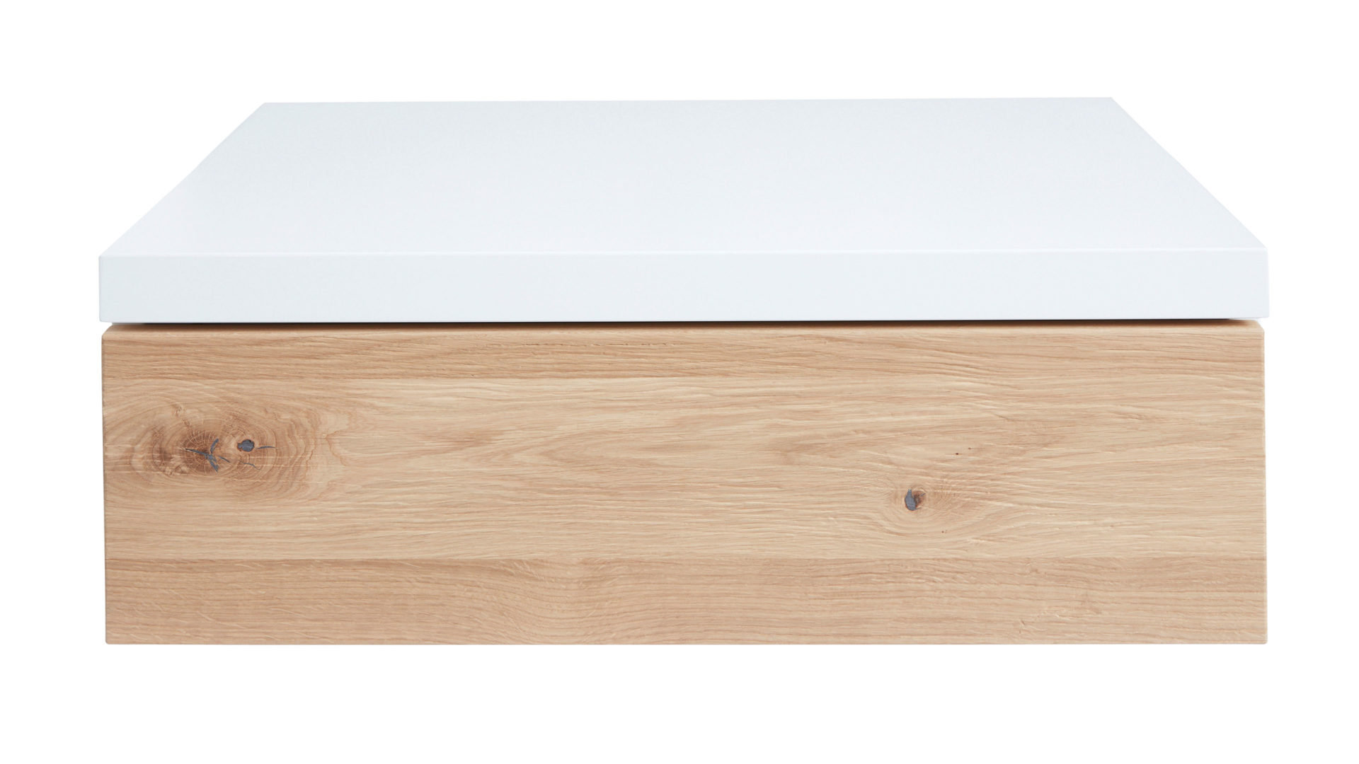 Nachtkommode Interliving aus Holz in Holzfarben Interliving Schlafzimmer Serie 1019 – Hängekonsole Wildeiche & weißer Mattlack – eine Schublade, links