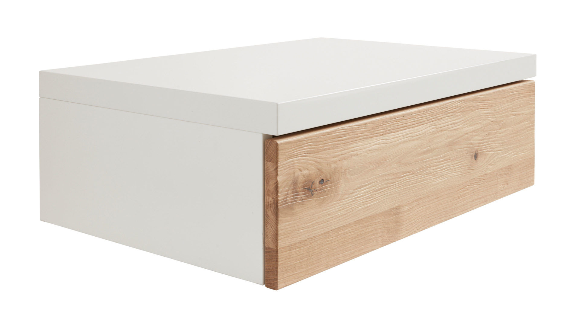 Nachtkommode Interliving aus Holz in Holzfarben Interliving Schlafzimmer Serie 1019 – Hängekonsole Wildeiche & weißer Mattlack – eine Schublade, links