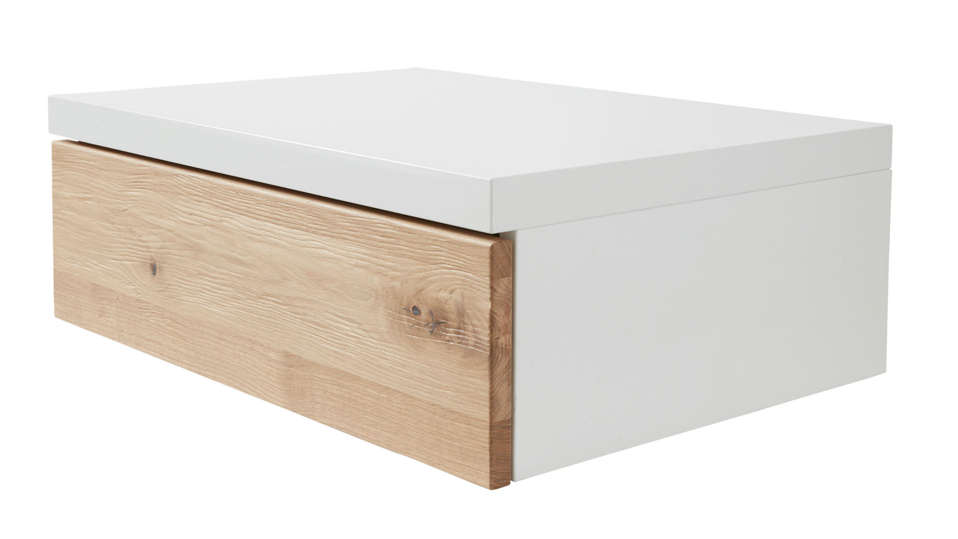 Nachtkommode Interliving aus Holz in Holzfarben Interliving Schlafzimmer Serie 1019 – Hängekonsole 523736 Wildeiche & weißer Mattlack – eine Schublade, rechts