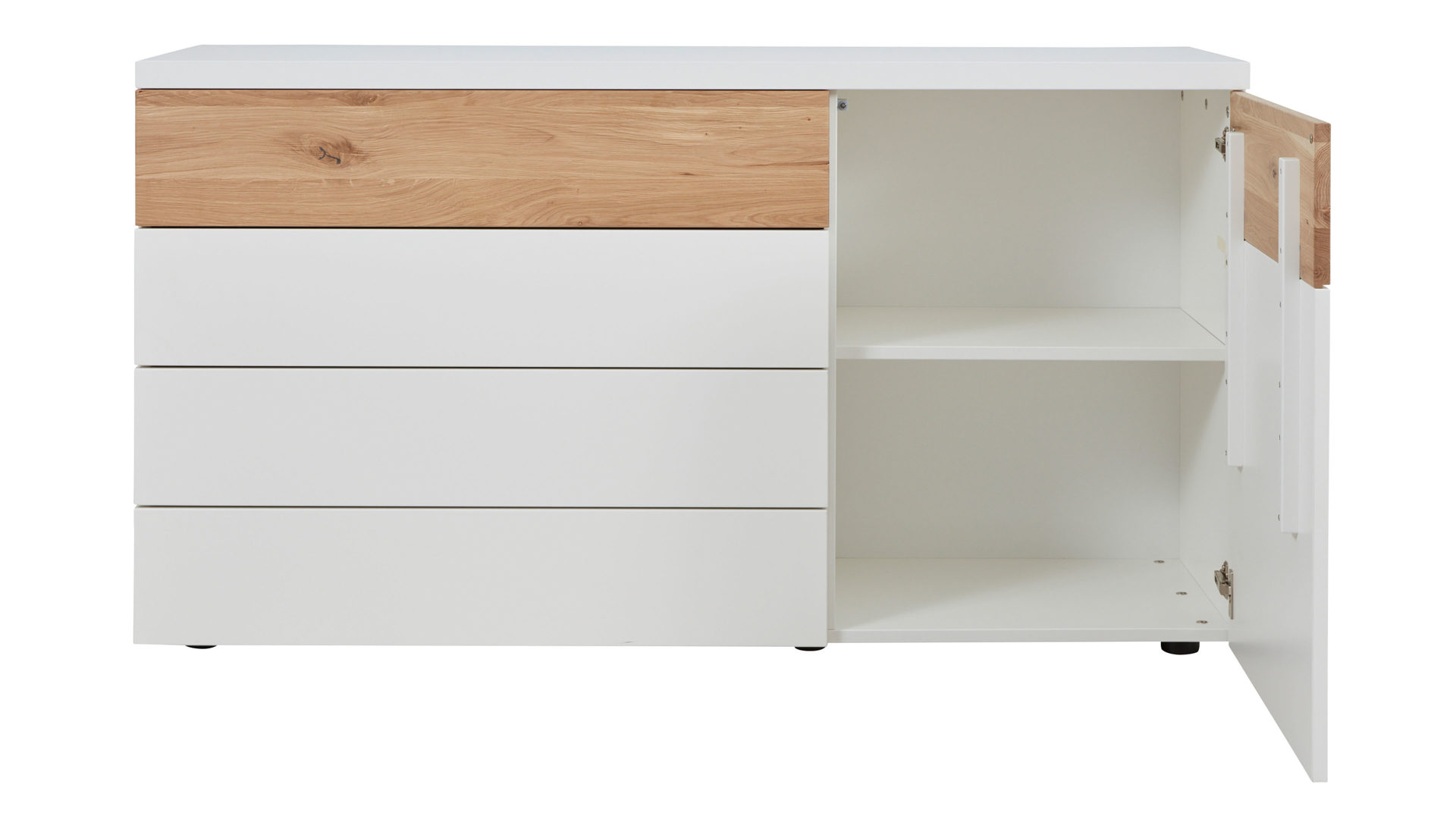 Kombikommode Interliving aus Holz in Weiß Interliving Schlafzimmer Serie 1019 – Kombikommode Wildeiche & weißer Mattlack – vier Schubladen, eine Tür