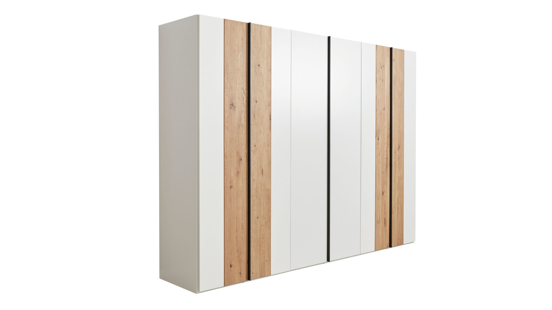 Kleiderschrank Interliving aus Holz in Weiß Interliving Schlafzimmer Serie 1019 – Kleiderschrank Wildeiche & weißer Mattlack – sechs Türen, Breite ca. 299 cm