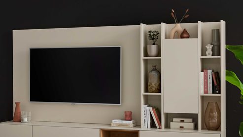 Paneel Interliving aus Holz in Beige Interliving Wohnzimmer Serie 2034 - Aufsatzregal beiger Lack & Eiche - zweiteilig, Länge ca. 270 cm