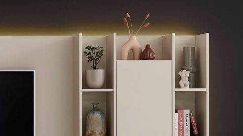 Paneel Interliving aus Holz in Beige Interliving Wohnzimmer Serie 2034 - Aufsatzregal beiger Lack & Eiche - zweiteilig, Länge ca. 270 cm