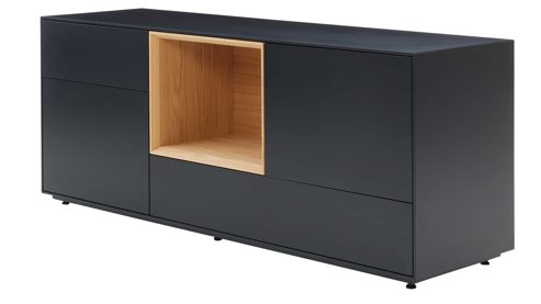 Sideboard Interliving aus Holz in Schwarz Interliving Wohnzimmer Serie 2034 - Sideboard schwarzer Lack & Eiche - zwei Schubladen, zwei Türen, Länge ca. 150 cm