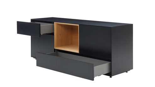 Sideboard Interliving aus Holz in Schwarz Interliving Wohnzimmer Serie 2034 - Sideboard schwarzer Lack & Eiche - zwei Schubladen, zwei Türen, Länge ca. 150 cm