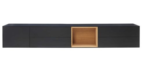 Wohnwand Interliving aus Holz in Schwarz Interliving Wohnzimmer Serie 2034 - TV-Wand schwarzer Lack & Eiche - zweiteilig, Länge ca. 240 cm