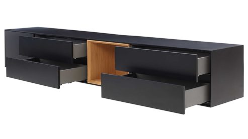 Wohnwand Interliving aus Holz in Schwarz Interliving Wohnzimmer Serie 2034 - TV-Wand schwarzer Lack & Eiche - zweiteilig, Länge ca. 240 cm