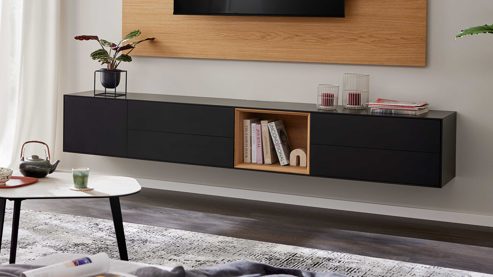 Lowboard Interliving aus Holz in Schwarz Interliving Wohnzimmer Serie 2034 - Lowboard schwarzer Lack & Eiche - vier Schubladen, eine Tür, Länge ca. 240 cm