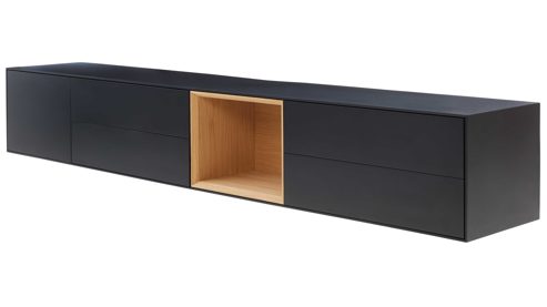 Lowboard Interliving aus Holz in Schwarz Interliving Wohnzimmer Serie 2034 - Lowboard schwarzer Lack & Eiche - vier Schubladen, eine Tür, Länge ca. 240 cm