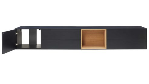 Lowboard Interliving aus Holz in Schwarz Interliving Wohnzimmer Serie 2034 - Lowboard schwarzer Lack & Eiche - vier Schubladen, eine Tür, Länge ca. 240 cm