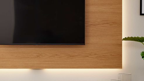 Wohnwand Interliving aus Holz in Schwarz Interliving Wohnzimmer Serie 2034 - TV-Wand schwarzer Lack & Eiche - zweiteilig, Länge ca. 240 cm