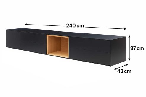 Lowboard Interliving aus Holz in Schwarz Interliving Wohnzimmer Serie 2034 - Lowboard schwarzer Lack & Eiche - vier Schubladen, eine Tür, Länge ca. 240 cm