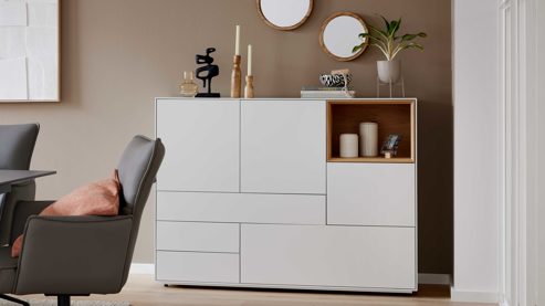 Highboard Interliving aus Holz in Weiß Interliving Wohnzimmer Serie 2034 - Highboard weißer Lack & Eiche - zwei Schubladen, zwei Türen, Länge ca. 150 cm