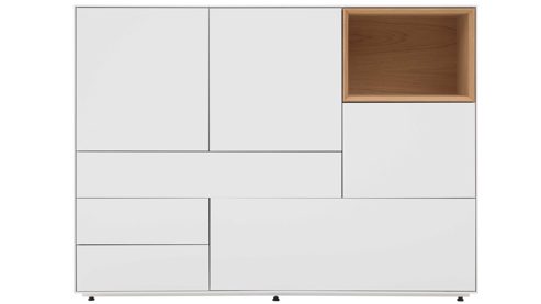 Highboard Interliving aus Holz in Weiß Interliving Wohnzimmer Serie 2034 - Highboard weißer Lack & Eiche - zwei Schubladen, zwei Türen, Länge ca. 150 cm