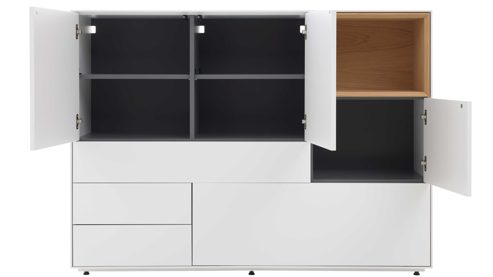 Highboard Interliving aus Holz in Weiß Interliving Wohnzimmer Serie 2034 - Highboard weißer Lack & Eiche - zwei Schubladen, zwei Türen, Länge ca. 150 cm