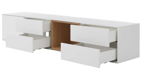 Lowboard Interliving aus Holz in Weiß Interliving Wohnzimmer Serie 2034 - Lowboard weißer Lack & Eiche - vier Schubladen, eine Tür, Länge ca. 240 cm