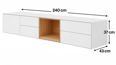 Lowboard Interliving aus Holz in Weiß Interliving Wohnzimmer Serie 2034 - Lowboard weißer Lack & Eiche - vier Schubladen, eine Tür, Länge ca. 240 cm