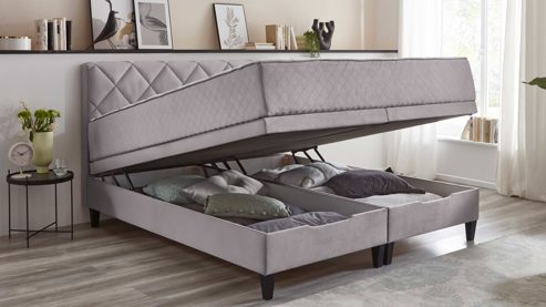 Boxspringbett KAWOO aus Stoff in Hellgrau KAWOO Boxspringbett Eberndorf silberfarbener Bezug 50562-720 – Liegefläche ca. 180 x 200 cm