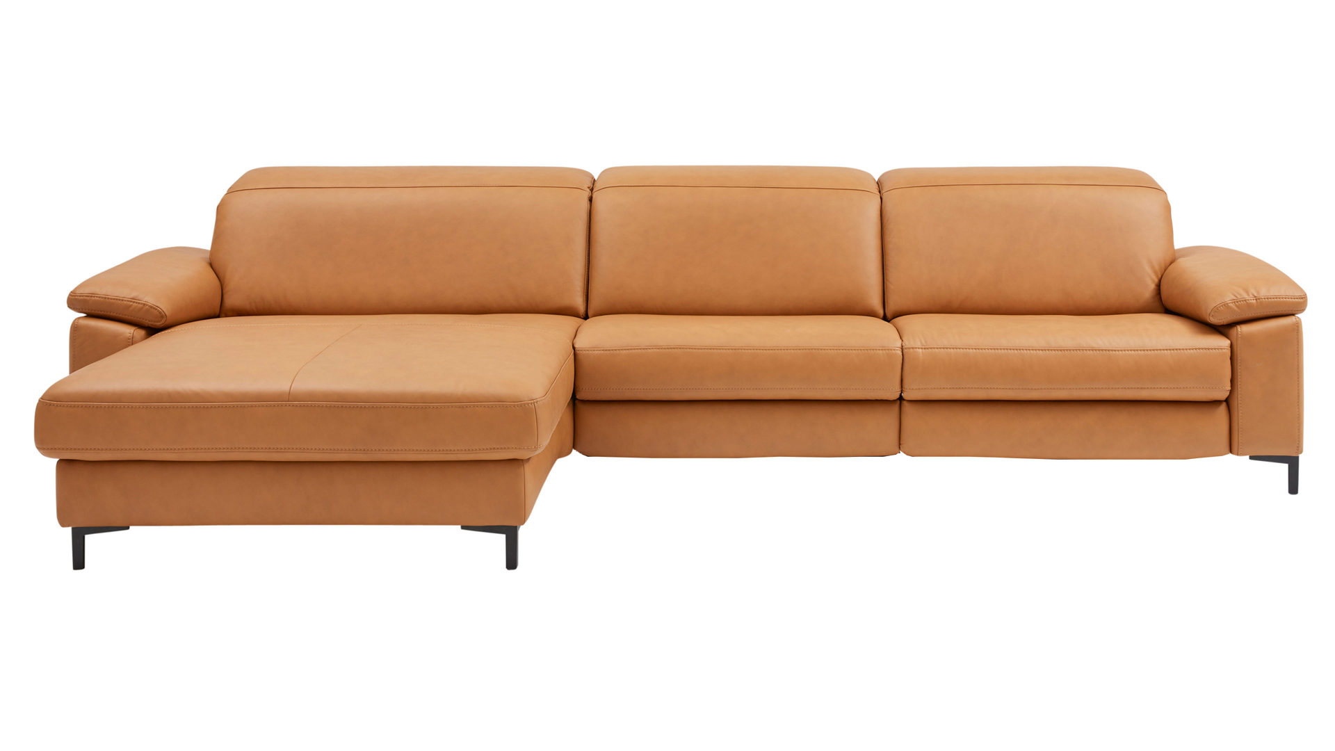 Ecksofa Interliving aus Leder in Orange Interliving Sofa Serie 4054 – Ecksofa kurkumafarbenes LongLife-Leder Vivre & schwarze Metallfüße – Stellfläche ca. 176 x 347 cm