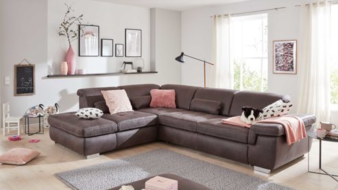 Ecksofa modulmaster aus Stoff in Anthrazit Modulmaster MM-MP1061 - Ecksofa anthrazitfarbene Mikrofaser Saddle & glänzende Metallfüße - Stellfläche ca. 244 x 320 cm