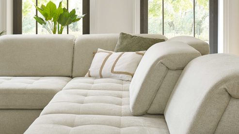 Ecksofa modulmaster aus Stoff in Weiß Modulmaster MM-MP1061 - Ecksofa ecrufarbenes Flachgewebe Cyber & schwarze Metallfüße - Stellfläche ca. 244 x 320 cm