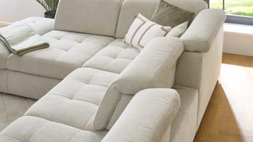 Ecksofa modulmaster aus Stoff in Weiß Modulmaster MM-MP1061 - Ecksofa ecrufarbenes Flachgewebe Cyber & schwarze Metallfüße - Stellfläche ca. 244 x 320 cm