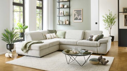 Ecksofa modulmaster aus Stoff in Weiß Modulmaster MM-MP1061 - Ecksofa ecrufarbenes Flachgewebe Cyber & schwarze Metallfüße - Stellfläche ca. 244 x 320 cm