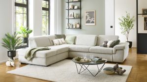 Ecksofa modulmaster aus Stoff in Weiß Modulmaster MM-MP1061 - Ecksofa ecrufarbenes Flachgewebe Cyber & schwarze Metallfüße - Stellfläche ca. 244 x 320 cm
