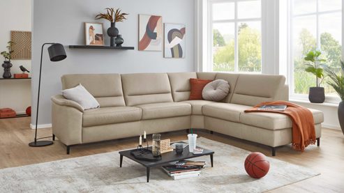 Ecksofa modulmaster aus Leder in Beige Modulmaster MM-PN1102 - Ecksofa perlfarbenes Leder Torro & schware Metallfüße - Stellfläche ca. 290 x 249 cm