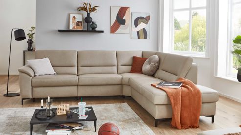 Ecksofa modulmaster aus Leder in Beige Modulmaster MM-PN1102 - Ecksofa perlfarbenes Leder Torro & schware Metallfüße - Stellfläche ca. 290 x 249 cm