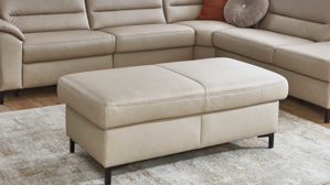 Polsterhocker modulmaster aus Leder in Beige Modulmaster MM-PN1102 - XXL-Hocker perlfarbenes Leder Torro & schwarze Metallfüße - ca. 130 x 65 cm