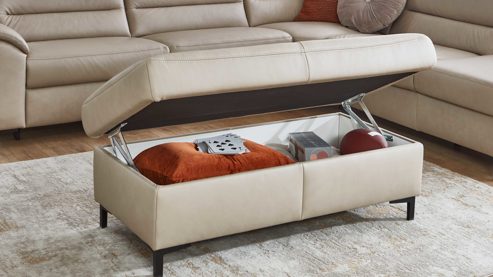 Funktionshocker modulmaster aus Leder in Beige Modulmaster MM-PN1102 - XXL-Funktionsocker perlfarbenes Leder Torro & schwarze Metallfüße - ca. 130 x 65 cm