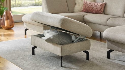 Funktionshocker modulmaster aus Stoff in Beige Modulmaster MM-PP11219 - XL-Funktionhocker beiger Stoffbezug Asina & schwarze Metallfüße - ca. 89 x 61 cm