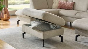 Funktionshocker modulmaster aus Stoff in Beige Modulmaster MM-PP11219 - XL-Funktionhocker beiger Stoffbezug Asina & schwarze Metallfüße - ca. 89 x 61 cm