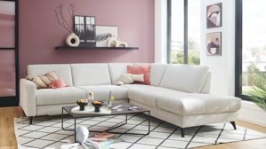 Ecksofa modulmaster aus Stoff in Beige Modulmaster MM-ZE1218 - Ecksofa naturfarbener Webstoff Famosa & schwarze Metallfüße - Stellfläche ca. 278 x 236 cm