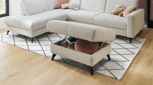 Funktionshocker modulmaster aus Stoff in Beige Modulmaster MM-ZE1218 - XL-Funktionshocker naturfarbener Webstoff Famosa & schwarze Metallfüße - ca. 90 x 68 cm