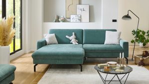 Ecksofa modulmaster aus Stoff in Grün Modulmaster MM-ZE1126 - Ecksofa silberfarbener Velours Amira - Stellfläche ca. 332 x 220 cm