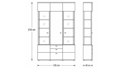 Vitrine Interliving aus Holz in Holzfarben Interliving Wohnzimmer Serie 2110 - Vitrine Alteiche - drei Türen, zwei Schubladen, Breite ca. 135 cm