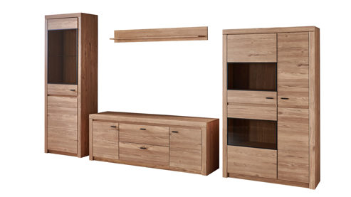 Wohnwand Ideal möbel aus Holz in Holzfarben Wohnkombination - Wohnwand Eiche & Schwarz – vierteilig, Breite ca. 379 cm