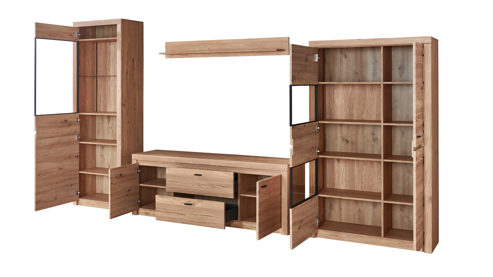 Wohnwand Ideal möbel aus Holz in Holzfarben Wohnkombination - Wohnwand Eiche & Schwarz – vierteilig, Breite ca. 379 cm