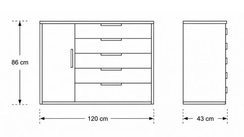 Kombikommode Interliving aus Holz in Hellgrau Interliving Schlafzimmer Serie 1034 – Kombikommode champagnerfarbenes Glas & Bianco Eiche – eine Tür, fünf Schubladen, Breite ca. 120 cm