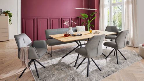 Vierfußstuhl Interliving aus Stoff in Grau Interliving Esszimmer Serie 5116 – Armlehnstuhl mit Motion- & Drehfunktion graue Cord-Lederkombination Fo-Sh & schwarzes Gestell F37