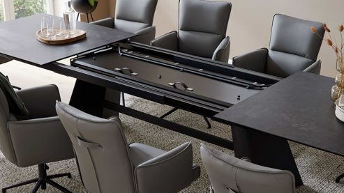 Auszugtisch Interliving aus Keramik in Schwarz Interliving Esszimmer Serie 5123 – Kulissentisch Glas-Keramik Oxid & schwarzes Metall - ca. 250 - 400 x 100 cm