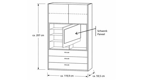 Kleiderschrank Interliving aus Holz in Grau Interliving Kleiderschrank Serie 1207 – Kleiderschrank mit TV-Nische Weiß & Manhattan – sechs Türen, zwei Schubladen, Breite ca. 300 cm