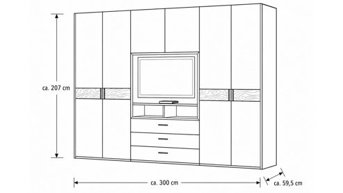 Kleiderschrank Interliving aus Holz in Grau Interliving Kleiderschrank Serie 1207 – Kleiderschrank mit TV-Nische Weiß & Manhattan – sechs Türen, zwei Schubladen, Breite ca. 302 cm