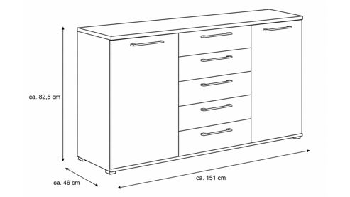 Kombikommode Interliving aus Holz in Hellgrau Interliving Schlafzimmer Serie 1210 – Kommode Seidengrau & Basalt - zwei Türen, fünf Schubladen, Breite ca. 151 cm