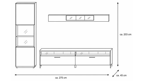 Wohnwand Interliving aus Holz in Dunkelgrau Interliving Wohnzimmer Serie 2030 - Wohnwand Wolfram Grey & Spaltholz - dreiteilig, Länge ca. 275 cm