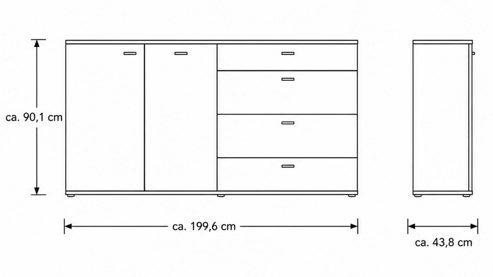 Sideboard Interliving aus Holz in Holzfarben Interliving Wohnzimmer Serie 2024 - Sideboard Eiche & Schwarzglas - zwei Türen, drei Schubladen, Länge ca. 200 cm
