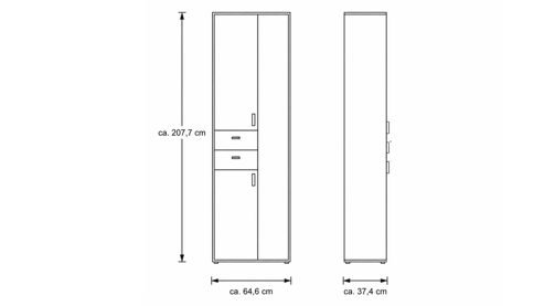 Vitrine Interliving aus Holz in Holzfarben Interliving Wohnzimmer Serie 2024 - Vitrine Eiche & Schwarzglas - drei Türen, zwei Schubladen, Breite ca. 85 cm