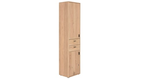 Einzelschrank Interliving aus Holz in Holzfarben Interliving Wohnzimmer Serie 2024 - Schrank Eiche & Schwarzglas - zwei Türen, zwei Schubladen, Höhe ca. 208 cm